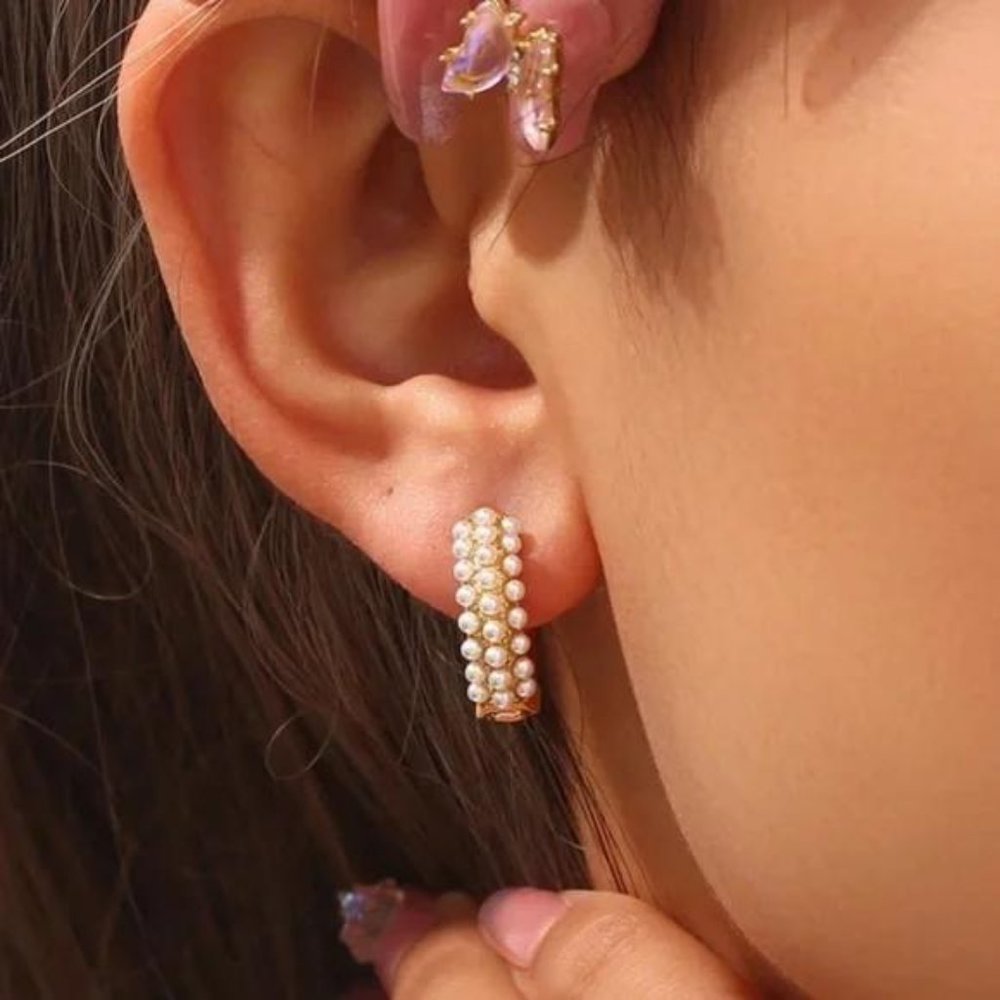 NEW PEARL 18K GOLD HOOP EARRINGS, NICE EARRINGS, CUTE EARRINGS